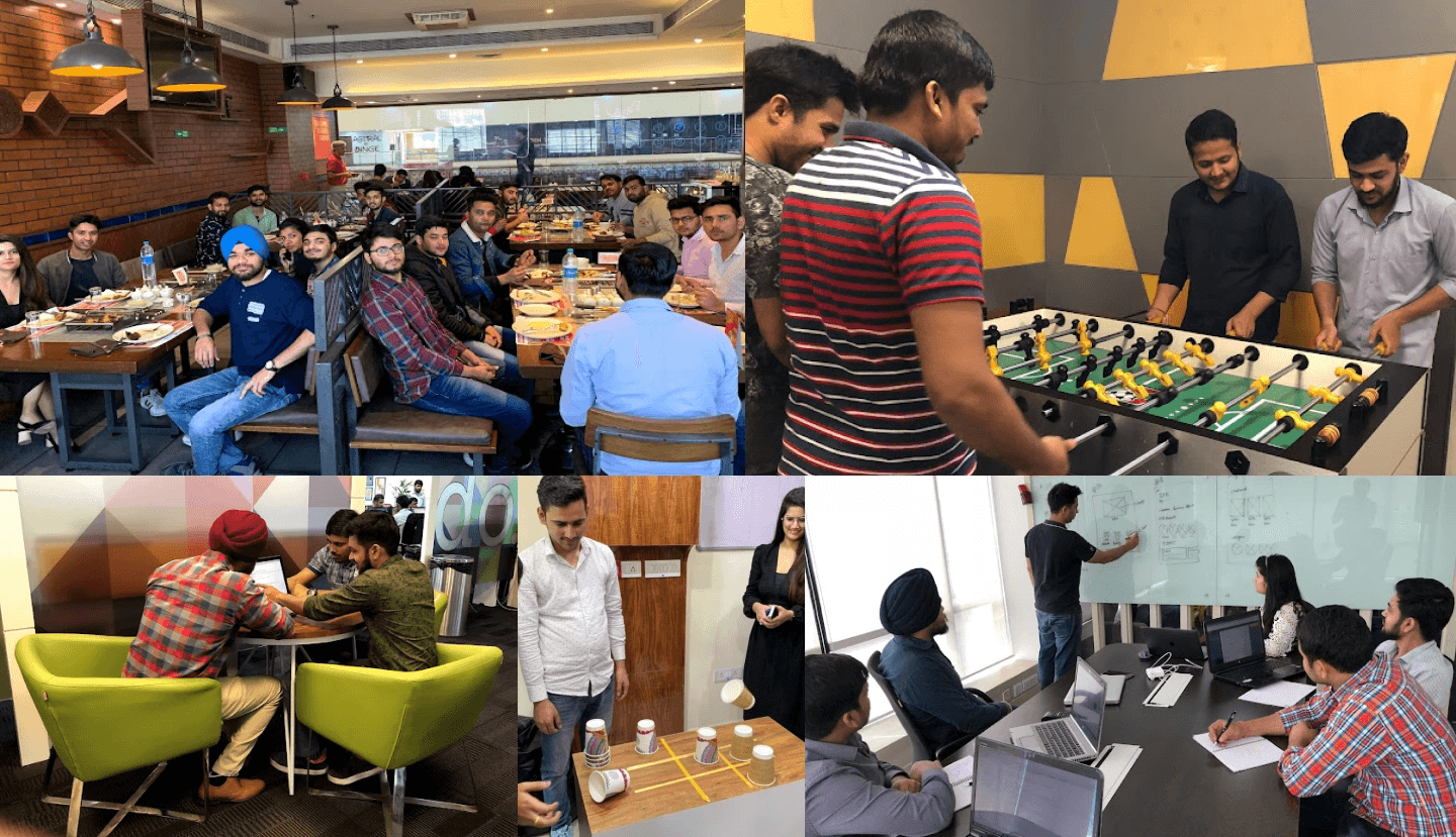 The Appening team collaborating at the Bengaluru studio — team lunches, foosball, pair work, and whiteboard product engineering sessions