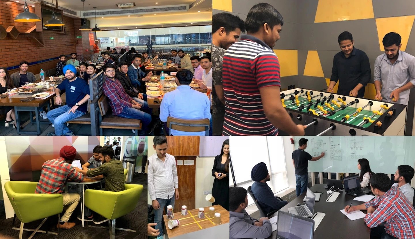The Appening team collaborating at the Bengaluru studio — team lunches, foosball, pair work, and whiteboard product engineering sessions